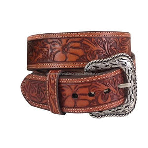 Double couture durable sculpté à la main floral gaufré pour hommes mode western cuir outillage avec boucle design en laiton antique - Product Image 2