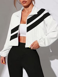 Conjunto Deportivo de Dos Piezas para Mujer, Chaqueta Corta Cortavientos |   Chaqueta con cremallera y estampado de rayas diagonales y leggings deportivos de cintura alta - Product Image 3