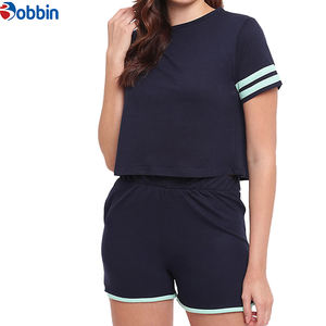 Ensembles d'été tendance pour femmes : Haut court et short, couleur bleue, col rond, manches courtes, tenue décontractée pour filles - Product Image 1