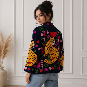 Embroidered <b>Quilted</b> 100% Cotton Short Bomber Jacket Tiger Floral Letter Patterns Full Sleeve Mandarin Collar Women's - Product Image 1