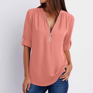 Fit <b>zipper</b> tunic blouse elegant lightweight three quarter sleeve plain spring autumn casual women <b>top</b> - Product Image 1