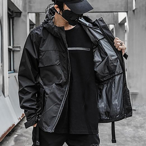 Men Black <b>Hooded</b> Hard <b>Shell</b> <b>Jacket</b> Waterproof Zip Fly Oversized Fit With Pockets All Seasons Outdoor Wear - Product Image 2