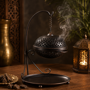 Antique Style Decorative Hanging <b>Oud</b> Burner Metal <b>Bakhoor</b> Burner With Stand & Decorative Tray Arabic Home Fragrance Accessory - Product Image 1
