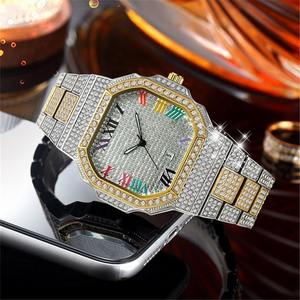 Luxury rainbow Roman Dial <b>Iced</b> <b>Out</b> Hip Hop <b>Watch</b> Quartz Eta Diamond Bust Down Stainless Steel Bling Bling Rapper Style - Product Image 5