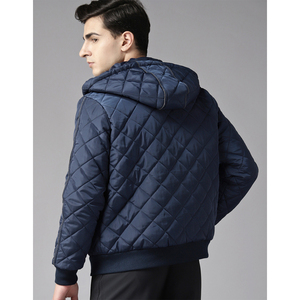 Men's Navy Quilted Hooded <b>Jacket</b> With Zipper Closure Windproof Winter Outerwear Casual Style Polyester Wadding - Product Image 2