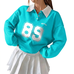 Sudadera tipo polo roja extragrande de punto gofrado con estampado del número 89, cuello y manga larga, estilo preppy, top para mujer - Product Image 2