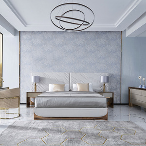 Muebles de Dormitorio de Lujo MR, Cama de Acero Inoxidable con Cabecera Extensible, Estructura de Cama de Cuero con Mesita de Noche, Tamaño King y Queen - Product Image 4