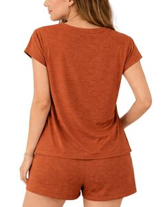 Ensemble de salon pour femmes orange rouille, t-shirt à manches courtes et short, ensemble de pyjama décontracté d'été, coton respirant doux, tenue en deux pièces - Product Image 2