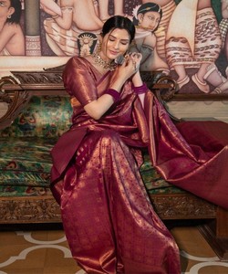 Traditional Indian Silk Saree Maroon Banarasi Style <b>Floor</b>-Length Wedding Wear for Women Regular Fit Wrinkle Free - Product Image 1