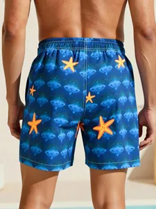 Short décontracté bleu ciel pour les vacances d'été, imprimé lettres sur toute la surface, cordon de serrage, poches obliques, coupe ample, idéal pour la plage, les vacances, Hawaï, les baignades tropicales - Product Image 2