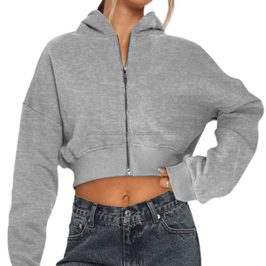 Factory Price Women Fleece Hoodie Zip-up Plain Color Polyester Cotton Blend Women Cropped <b>Zipper</b> Hoodie Oversized - Product Image 3