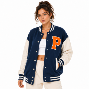 Chaqueta Universitaria Azul Marino y Blanca para Mujer, Manga Larga, Logotipo con Letra P, Cuello Camisero, Largo Regular, Estilo Otoñal - Product Image 1