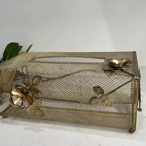 Metal Tissue Holder | Vintage Gold Metal Mesh Tissue Holder With Metal Leaves and Flowers - Product Image 1
