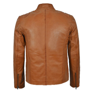 Blouson moto homme en cuir véritable rouge, col montant, fermeture éclair, coupe ajustée, longueur standard, couleur unie, style motard, en vente - Product Image 6