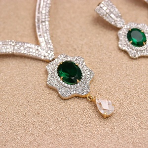 V Shape Diamond Look Necklace Set Emerald CZ Oval 22K Gold Plated Brass Adjustable Bridal Jewelry for Women - Product Image 2