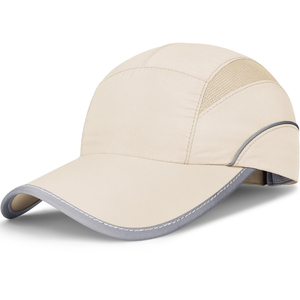 Casquette de course performante beige en maille découpée au laser, avec bordure réfléchissante, séchage rapide, 5 panneaux, pour le sport, personnalisable, vente en gros - Product Image 1