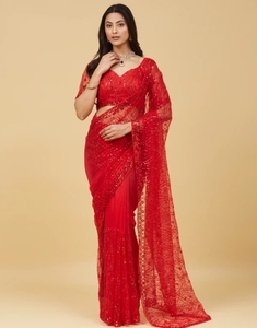 KV Embroidered Bollywood Net <b>Saree</b> (<b>Red</b>) - Product Image 1