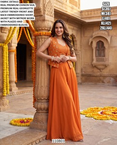 Orange Premium Chinon Silk Salwar Kameez With Embroidered <b>Jacket</b> And Plazzo For <b>Women</b> India Pakistan <b>Wedding</b> 110803 - Product Image 1