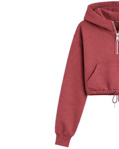 เสื้อฮู้ดครอปสีแดงสนิม ผ้าฟลีซ ซิป ¼  กระเป๋าคางู  ชายเสื้อปรับได้ด้วยเชือกผูก  สไตล์ลำลอง สตรีทแวร์  เสื้อกันหนาวแบบสวมหัวสำหรับผู้หญิง - Product Image 2