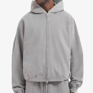 Sweat à capuche unisexe vintage vert sauge délavé, entièrement zippé, en molleton de coton épais de qualité supérieure, coupe oversize, avec fente - Product Image 3