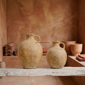 Mariposa S Distressed Patina Yellow Rustic Terracotta Clay Handmade Handcrafted <b>Ceramic</b> Jug <b>Vase</b> Decorative Tabletop Hotel Use - Product Image 3