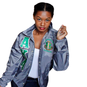 Chaqueta Bomber Plateada AKA con Letras de Chenilla Verdes Bordadas, Ropa Exterior de Moda para Mujeres de Sororidades - Product Image 5