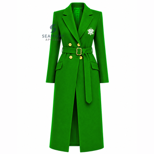 Abrigo largo de mujer Chi Eta Phi Sorority con doble botonadura y cinturón, solapa con muescas, manga larga, corte entallado, prenda exterior formal - Product Image 1