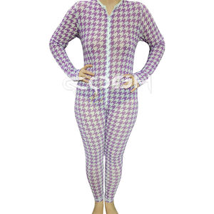 Mono de una pieza con estampado de pata de gallo morado, manga larga, cremallera frontal, ajuste ceñido, para mujer, OEM personalizado - Product Image 1