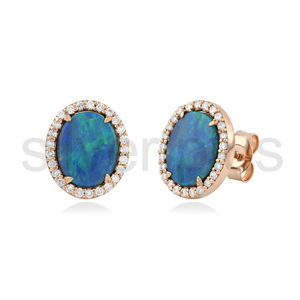 Pendientes de Oro Sólido de 18K con Ópalo Azul Natural, Diseño Clásico para Regalo de Boda, con Halo de Diamantes y Gema Ovalada Doble - Product Image 6