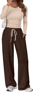 <b>Women</b> 2 Piece Yoga Set Off Shoulder Crop <b>Top</b> With Wide Leg Pants Solid Color Breathable Drawstring Waist High Waisted - Product Image 6