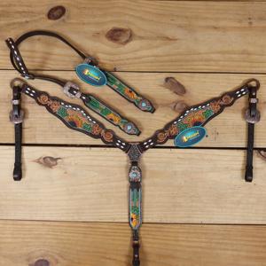 Ensemble de têtière et de collier de poitrine en cuir véritable de qualité supérieure, style western, avec nœuds et design perlé, produit équestre - Product Image 1