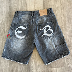 Men's Distressed <b>Denim</b> Bermuda Shorts With Letter Print Ripped Hem Mid Waist Casual Style Woven Cotton <b>Material</b> - Product Image 2