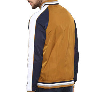 MEN'S CASUAL MUSTARD YELLOW AND NAVY BLUE COLOR BLOCK BOMBER JACKET STRIPED SLEEVE BASEBALL STYLE ZIPPER OUTERWEAR <b>COAT</b> - Product Image 6