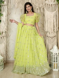 Lime Green Sequin Georgette Lehenga Choli <b>Set</b> Embroidered Two Piece Outfit Dupatta for Wedding Party Banquet - Product Image 3