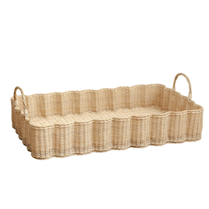 Plateau rectangulaire en rotin blanc scandinave, festonné, fait main, avec élégantes poignées latérales pour la décoration - Product Image 1