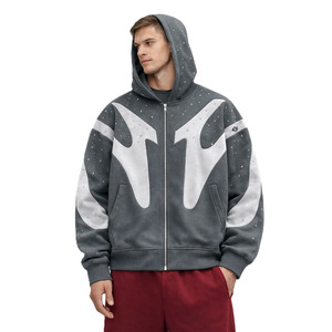 Men Zip Up Hoodie Cotton Fleece Oversized Rhinestone Embellished Zip Hoodie Streetwear Hoodies for Men Custom Branding Service - Product Image 1