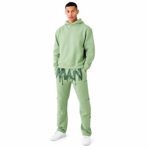 Chándal Verde con Capucha para Hombre, Estilo Urbano, con Estampado de Goteo, Bolsillos Laterales, Estilo Otoñal - Product Image 1