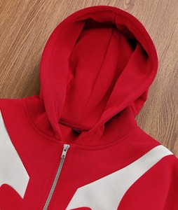 Sweat-shirt court unisexe à capuche zippé, color block rouge et blanc, style streetwear, manches raglan, en molleton tricoté anti-boulochage - Product Image 4