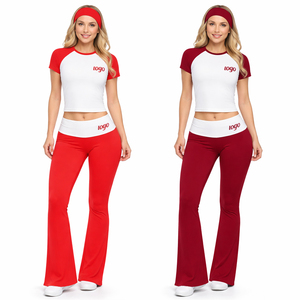 Women's Raglan Crop Top Flare Pants Two-Piece Yoga Set Casual Athletic Co-ord with <b>Headband</b> - Product Image 1