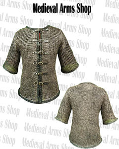 Haut de gilet en maille artisanal avec garniture en cuir, en acier doux, anneaux rivetés plats, manches longues, pour reconstitution historique de l'armure de chevalier. - Product Image 3
