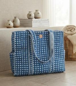Sac fourre-tout en coton à carreaux bleus, ouvert en dessus, grande capacité, pour usage quotidien, sac à main pour femme - Product Image 3