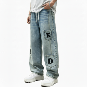Jean en denim style américain vintage, imprimé numérique, écologique, séchage rapide, coupe droite, taille mi-haute, imprimé lettres, streetwear - Product Image 2