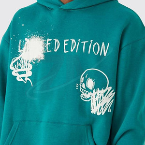 Men's Teal Hooded Tracksuit Set With Skull Print Full Sleeve Loose Fit Autumn Wear 100% Cotton Streetwear Joggers With Front <b>Log</b> - Product Image 3