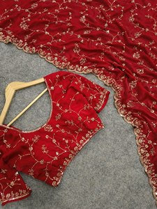 <b>Red</b> Silk <b>Saree</b> With Gold Embroidery Traditional Indian Wedding Wear For Women Floor-Length Regular Fit - Product Image 6