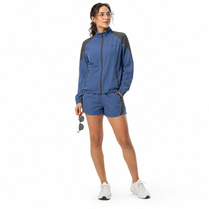 Ensemble de shorts sportifs 2 pièces pour femmes, bleu gris, tricoté en polyester respirant, col montant, manches longues, coupe régulière, printemps été - Product Image 4