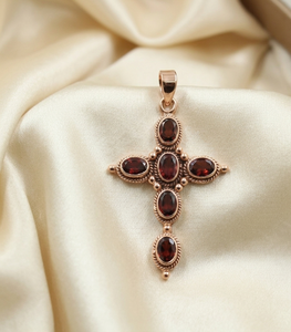 Collier pendentif croix en argent sterling 925 pur avec grenat rouge, plaqué or jaune et or rose, bijoux religieux vintage pour femmes, cadeau - Product Image 2