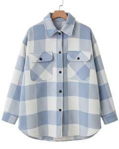 Camisa chaqueta a cuadros azul claro y blanco para hombre, personalizada, de manga larga, con botones, cálida, extragrande, para invierno. - Product Image 1