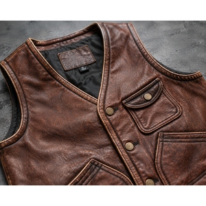 Custom Genuine Distressed Leather <b>Utility</b> <b>Vest</b> Vintage Snap Button Motorcycle Hunting Outdoor Workwear <b>Vest</b> OEM - Product Image 4