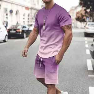 Ensemble T-shirt et short dégradé violet pour homme – Tenue décontractée d'été en coton tricoté respirant – Ensemble deux pièces assorti pour la détente - Product Image 6