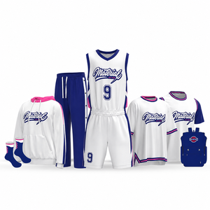 Conjunto de Uniforme de Baloncesto Sublimado: Camiseta, Pantalones Cortos, Sudadera, Calcetines, Mochila, Blanco, Azul, Rosa, Unisex, Adulto, Todas las Temporadas - Product Image 5